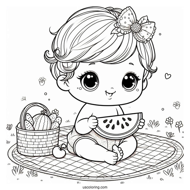 Pretty Baby Coloring Page Sitting On A Picnic Mat With A Watermelon For Kids