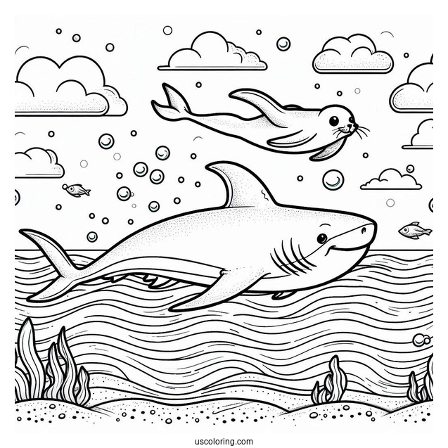 Shark Coloring Page Chasing Seal In The Ocean