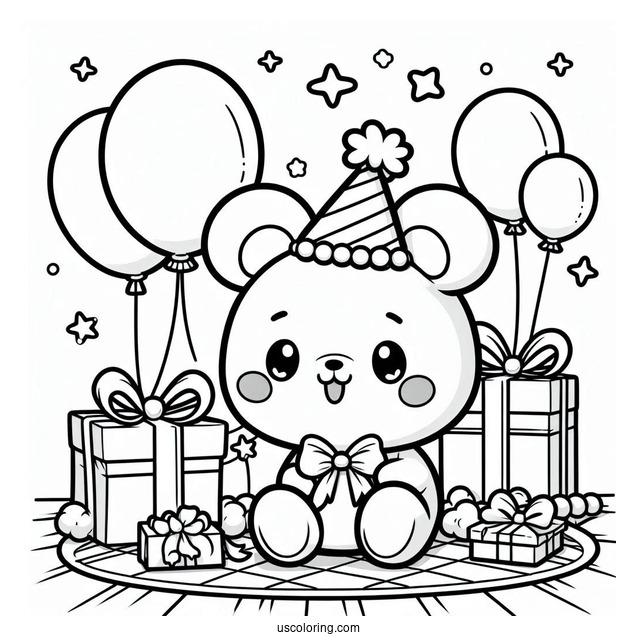 Pochacco Coloring Page Sitting On Floor With Birthday Presents And Balloons