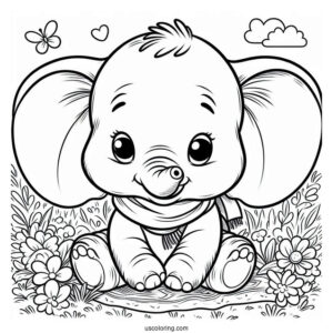 Cute Coloring Page Of Dumbo Sitting On Grass