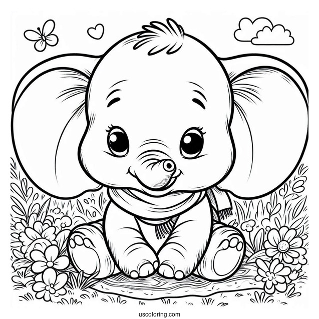 Cute Coloring Page Of Dumbo Sitting On Grass