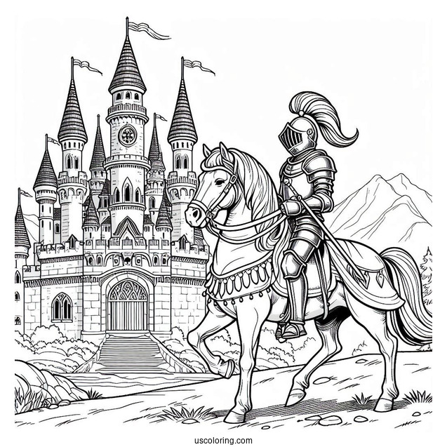 Knight On A Horse Riding To A Castle Coloring Page