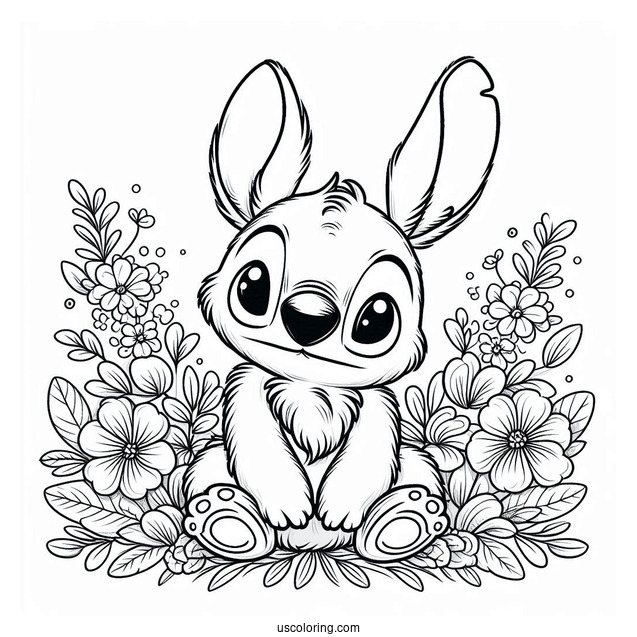 Furry Rabbit Coloring Page With Stitch Surrounded By Flowers