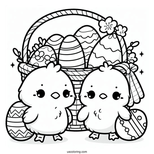 Easter Coloring Page Of Kawaii Chicks Standing Next To Easter Egg Basket For Kids