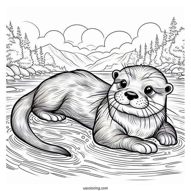Realistic Otter Coloring Page Floating On River