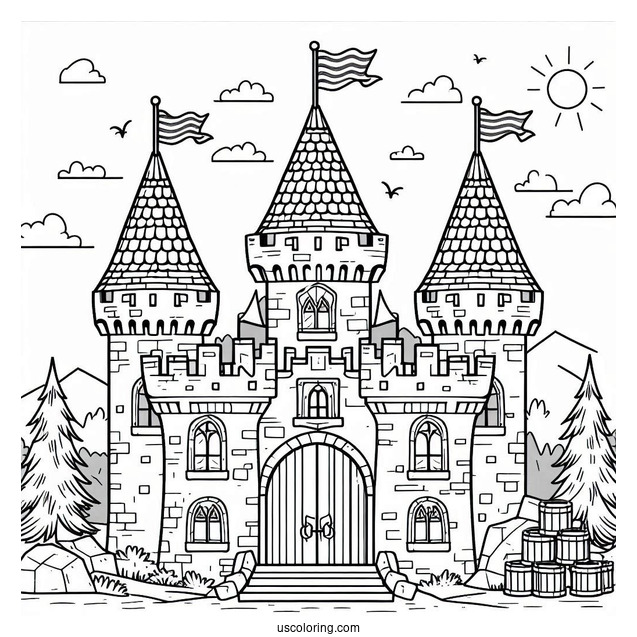 Easy Castle Coloring Page With Flags For Preschoolers