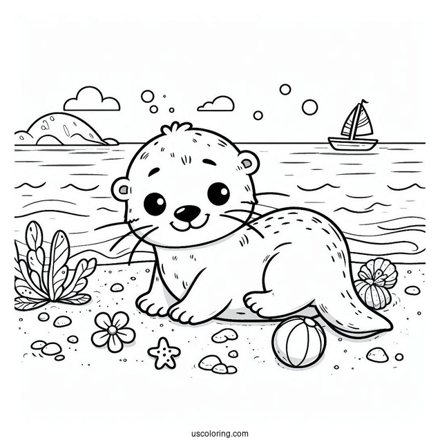 Cute Cartoon Otter Coloring Page On The Beach For Preschoolers