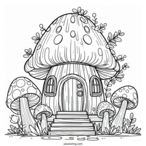 Adorable Mushroom Coloring Page House For Kids