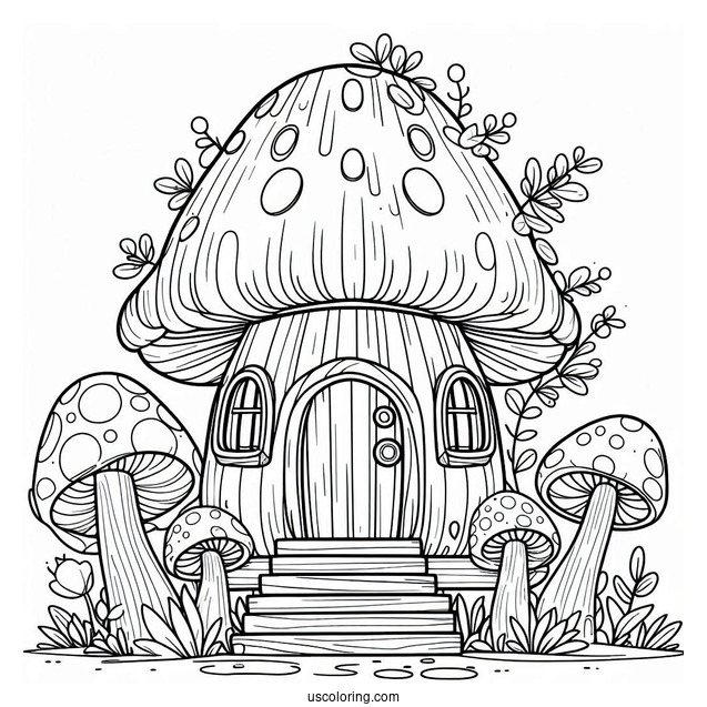 Adorable Mushroom Coloring Page House For Kids