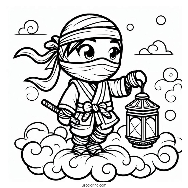 Ninja On A Cloud Holding A Lantern Coloring Sheet For Kids