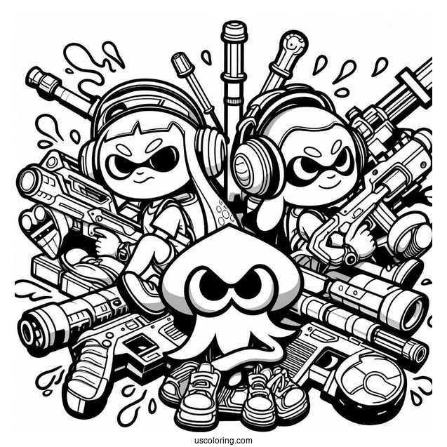 Super Smash Bros Coloring Page Of Splatoon With Weapons Super Smash Bros
