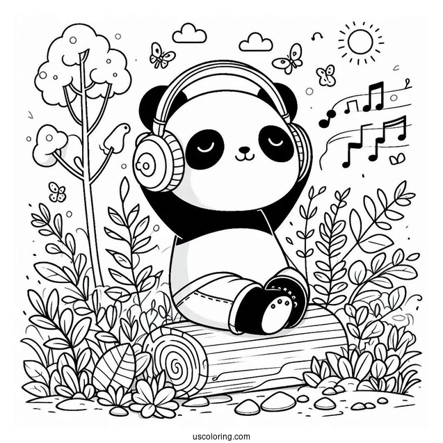 Cool Panda Coloring Page Listening to Music with Headphones in the Garden