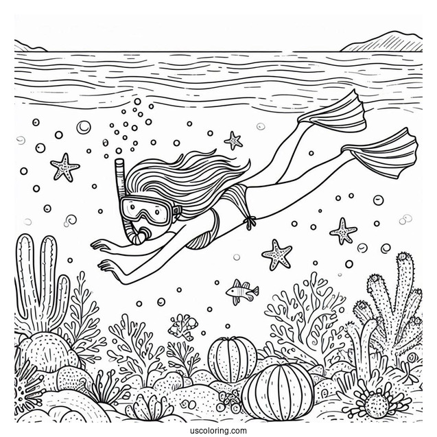 Swimming Coloring Page OfGirl Snorkeling At The Sea