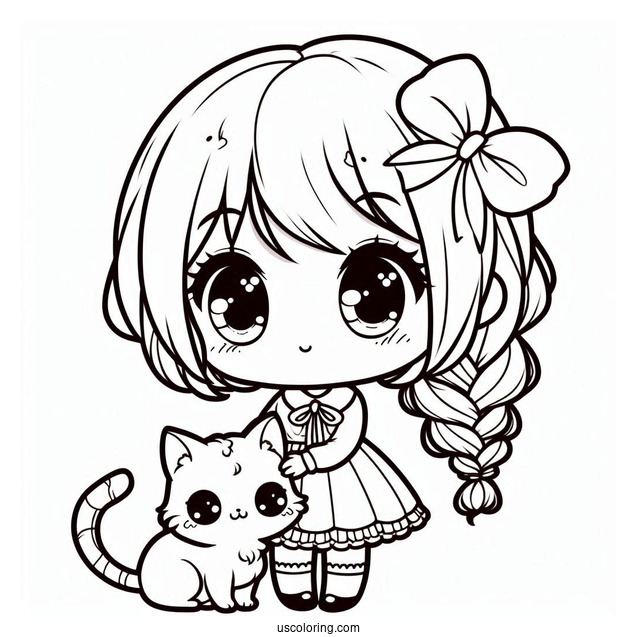 Curious Chibi Girl With Her Cat