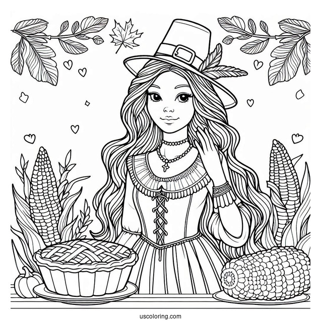Female Pilgrim Coloring Page With A Pie And Native American With Corns