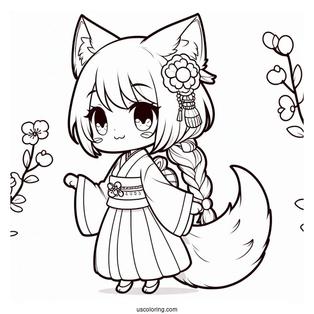 Cute Nezuko Coloring Page With Cat Ears And Tail