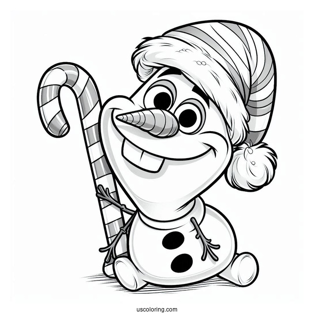 Olaf Wearing Santa Hat With Candy Cane To Color