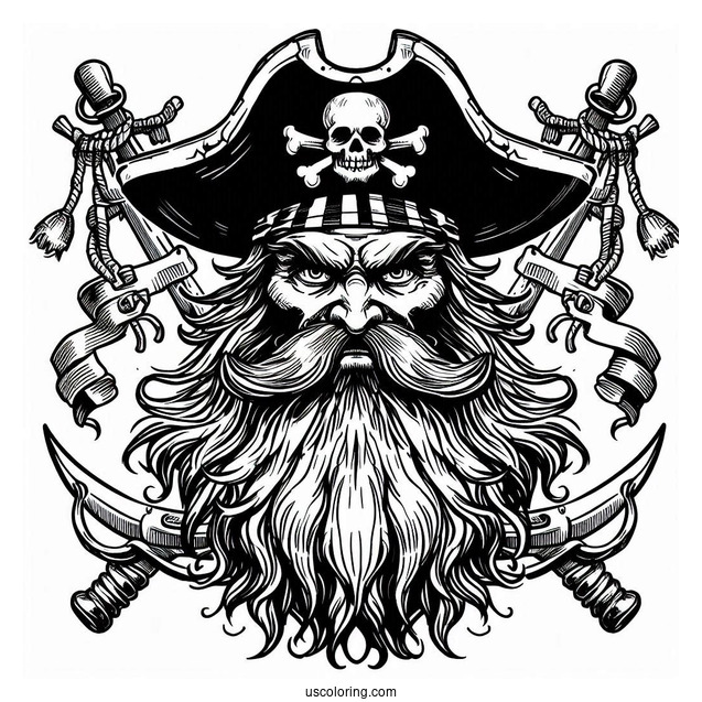 Scary Pirate Coloring Page With Large Hat And Long Beard