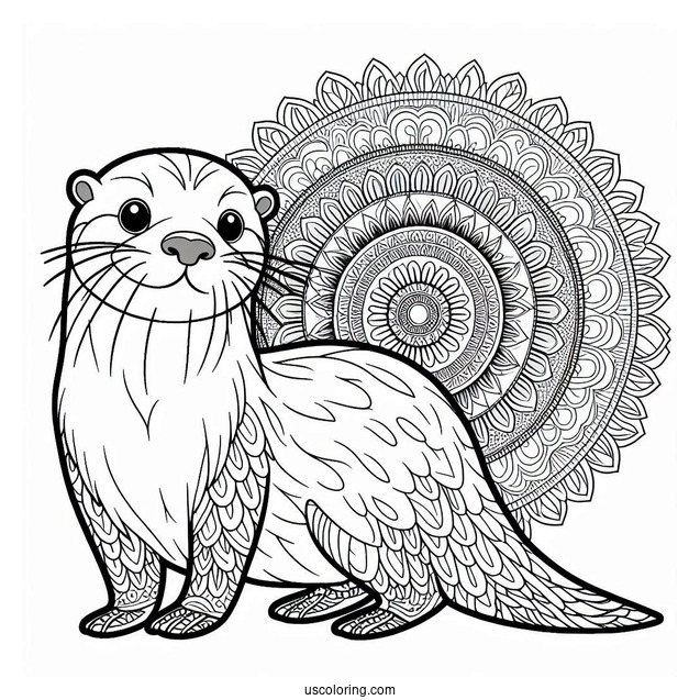 Adult Otter Coloring Page Standing In Front Of Mandala