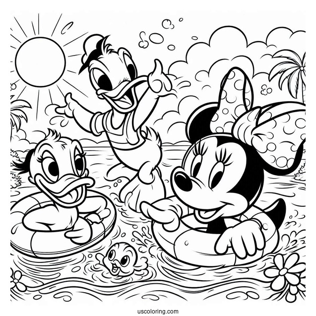 Swimming Coloring Page Of Donald Duck, Daisy Duck, Mickey Mouse, And Minnie Mouse, With Pluto Playing In The Sea