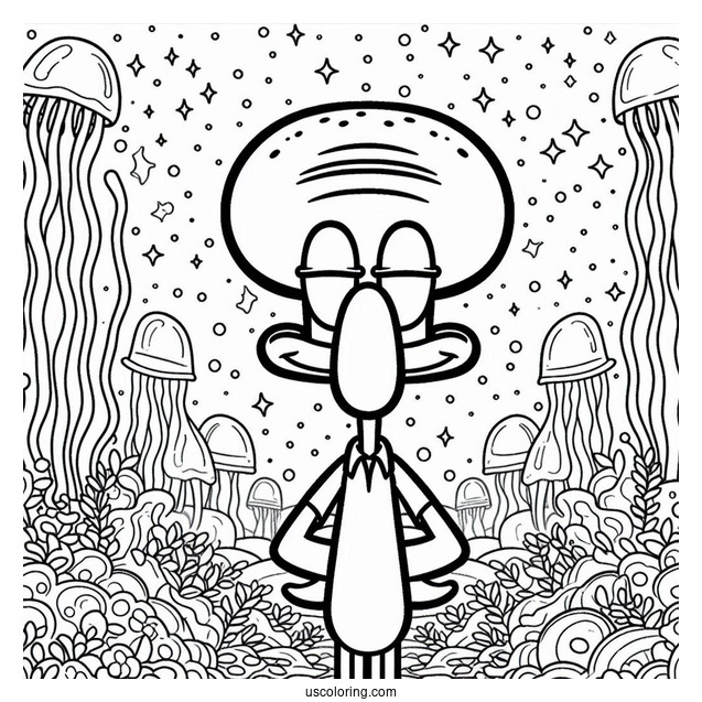 Squidward Coloring Page With Arms On Waist In Front Of Jelly Fields