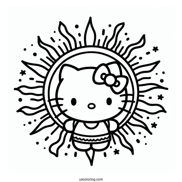 Simple Sun Shining Down On Hello Kitty Coloring Page For Kids