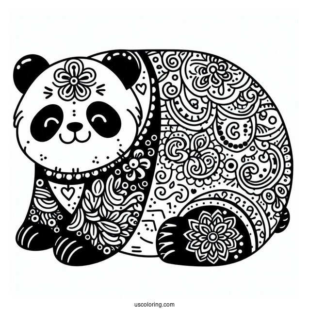 Ornamental Panda Coloring Page with Floral Swirls and Mandala Belly Design