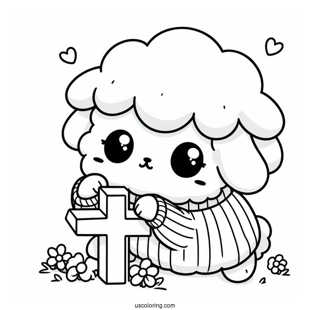 Kawaii Sheep In Sweater Leaning Over A Small Cross Coloring Page For Kids