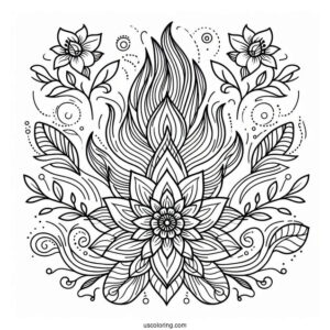 Flower And Flames Pattern Coloring Sheet