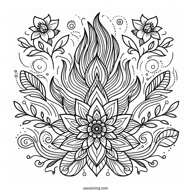 Flower And Flames Pattern Coloring Sheet