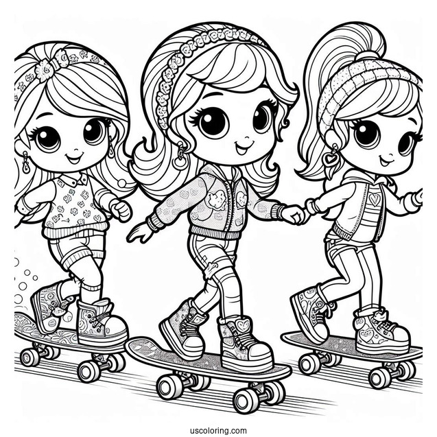 Polly Pocket Coloring Page Skateboarding With Nikolas, Lila, And Shani