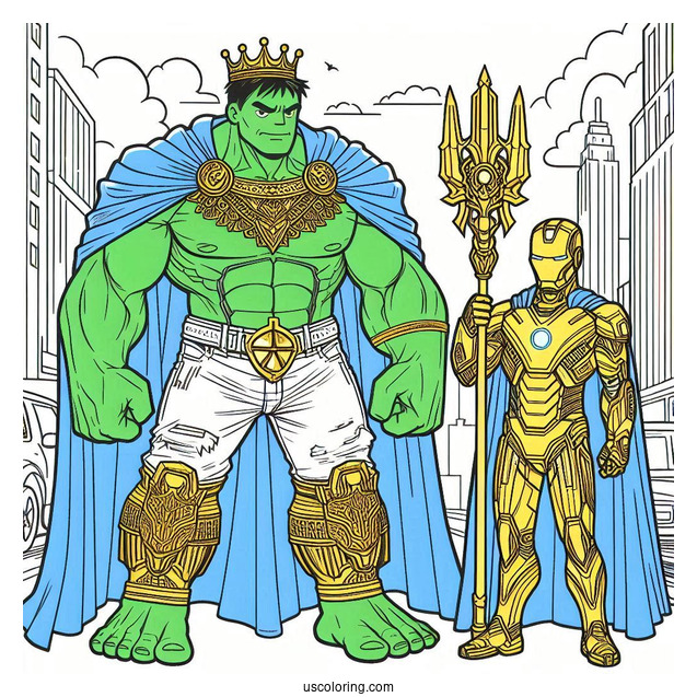 Iron Man Standing Beside Hulk Coloring Page In The City