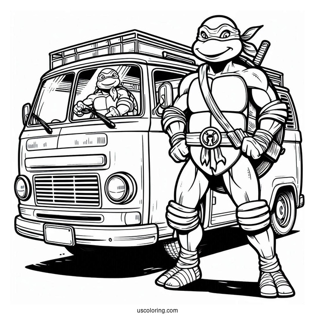 Ninja Turtles Coloring Page Of Donatello Standing In Front Of Turtle Van