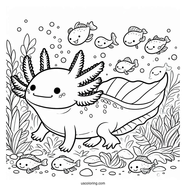 Cheerful Axolotl Coloring Page Swimming With Fishes