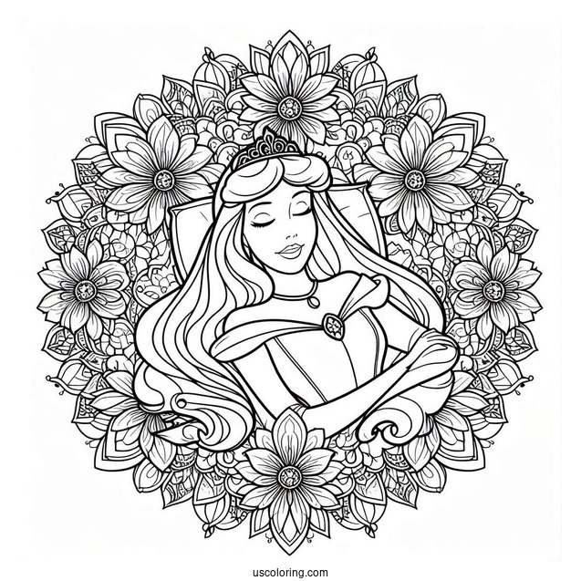 Sleeping Beauty Coloring Page Of Princess Aurora At The Center Of A Flower Mandala