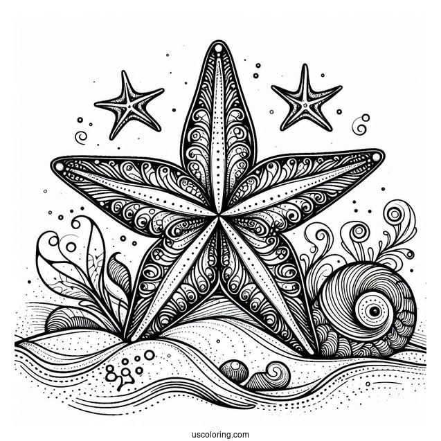 Easy Starfish Coloring Page On The Sand for Kids