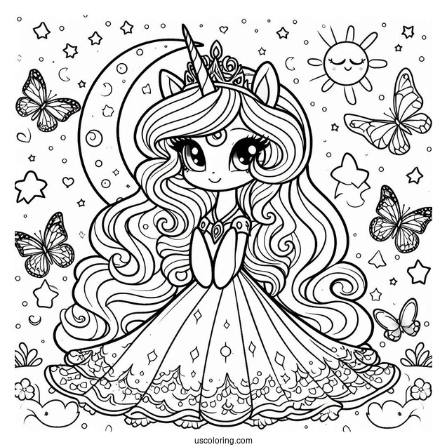 Princess Luna Coloring Page Surrounded By Stars And Butterflies