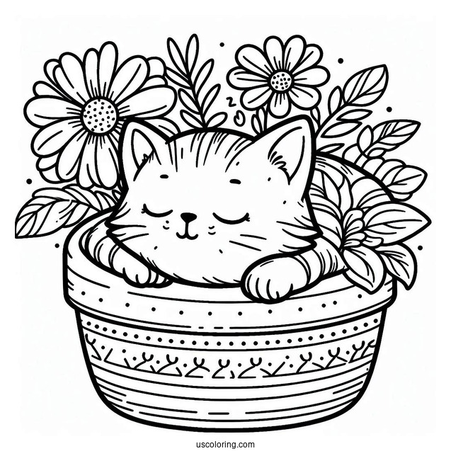 Cat Sleeping Inside Flower Pot Coloring Page