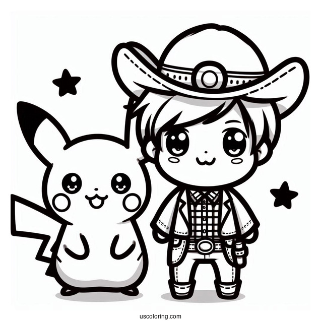 Kawaii Cowboy Coloring Page Pikachu For Kids