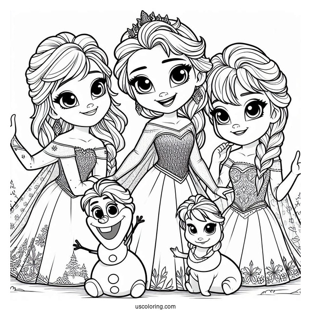 Elsa With Friends From Frozen Coloring Page