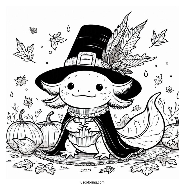 Axolotl Coloring Page Dressed As A Pilgrim In Autumn