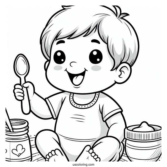 Baby Coloring Page Of Grinning Toddler Holding A Spoon