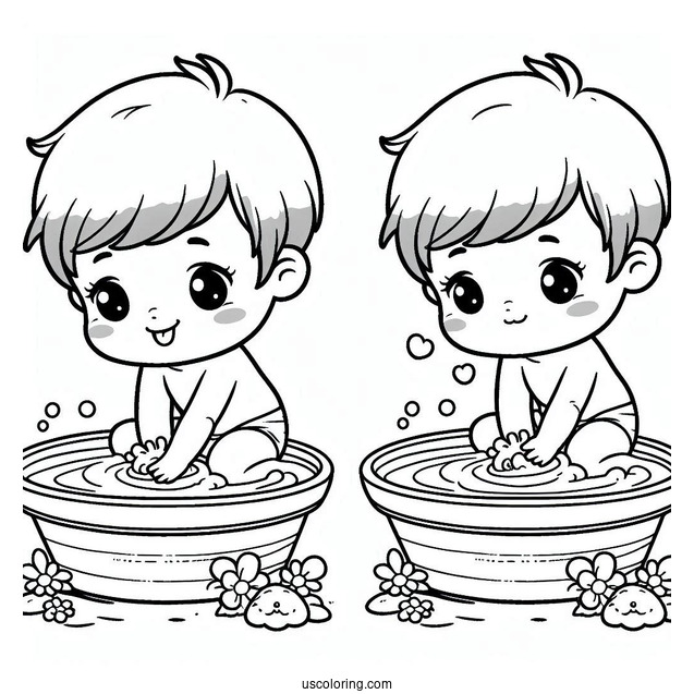 Beautiful Baby Coloring Page Playing In A Basin