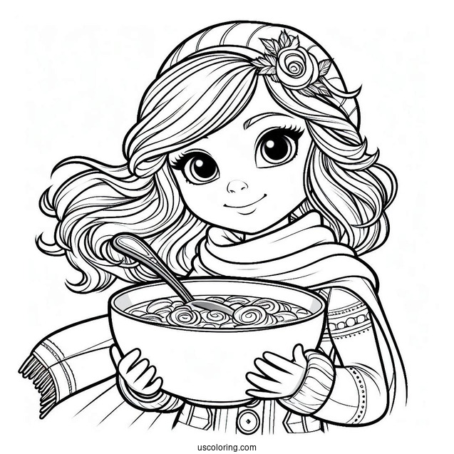 Polar Express Coloring Page Of Pretty Hero Girl Holding A Bowl Of Soup For Kids