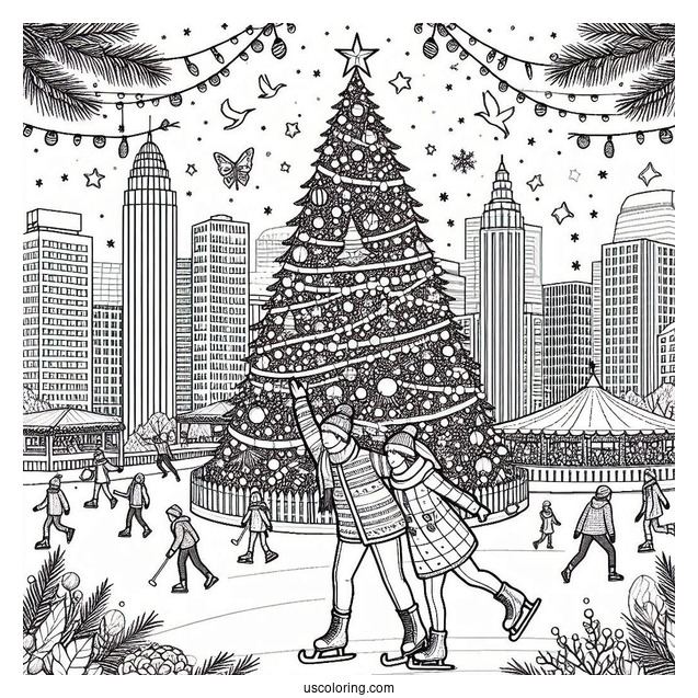 Christmas Coloring Pages For Adults Of Giant Christmas Tree In The City With Ice Skaters