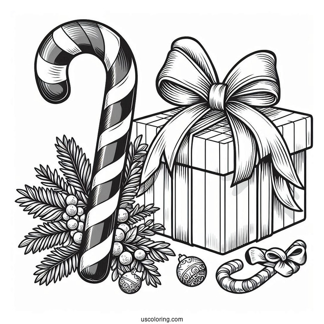 Large Candy Cane Coloring Page Beside A Christmas Present