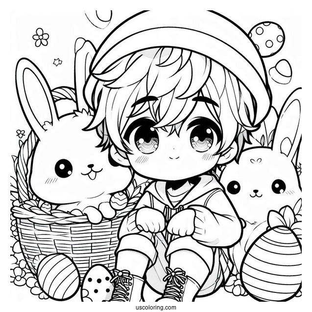 Easter Coloring Page Of Cute Anime Boy With Easter Bunny And Eggs For Kids
