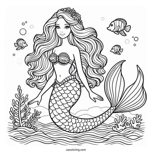 Mermaid Barbie In Ocean Coloring Sheet