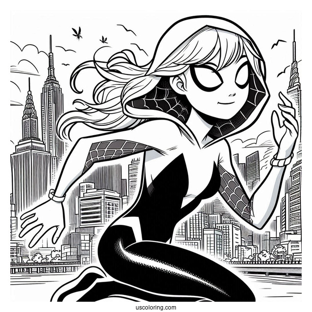 Comic Spider-Gwen Coloring Page Running In The City