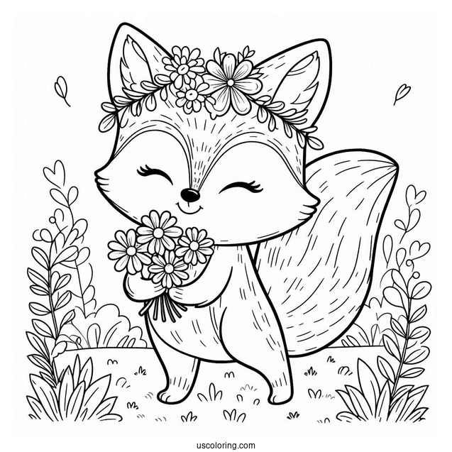 Fox Holding A Flower Plot Coloring Sheet